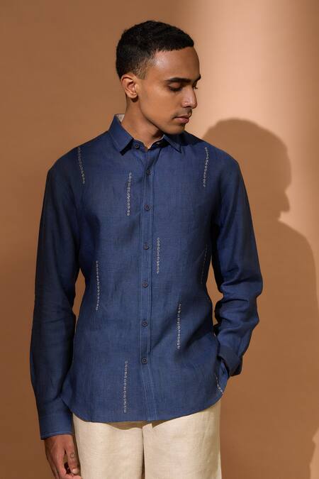 Vivek Karunakaran Blue Linen Embroidery Bandini Shirt Online at Aza Fashions Vivek Karunakaran_Blue Linen Embroidery Bandini Shirt _Online_at_Aza_Fashions