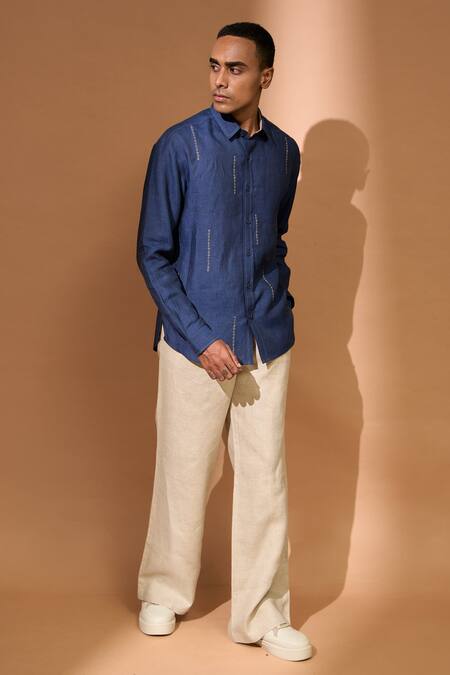 Buy Vivek Karunakaran Blue Linen Embroidery Bandini Shirt Online at Aza Fashions Buy_Vivek Karunakaran_Blue Linen Embroidery Bandini Shirt _Online_at_Aza_Fashions