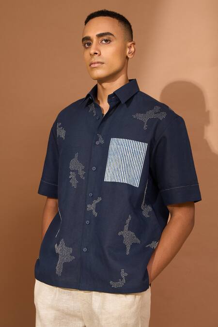 Vivek Karunakaran Blue Linen Embroidery Kantha Shirt Online at Aza Fashions Vivek Karunakaran_Blue Linen Embroidery Kantha Shirt _Online_at_Aza_Fashions