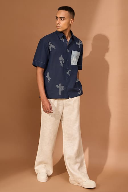 Buy Vivek Karunakaran Blue Linen Embroidery Kantha Shirt Online at Aza Fashions Buy_Vivek Karunakaran_Blue Linen Embroidery Kantha Shirt _Online_at_Aza_Fashions
