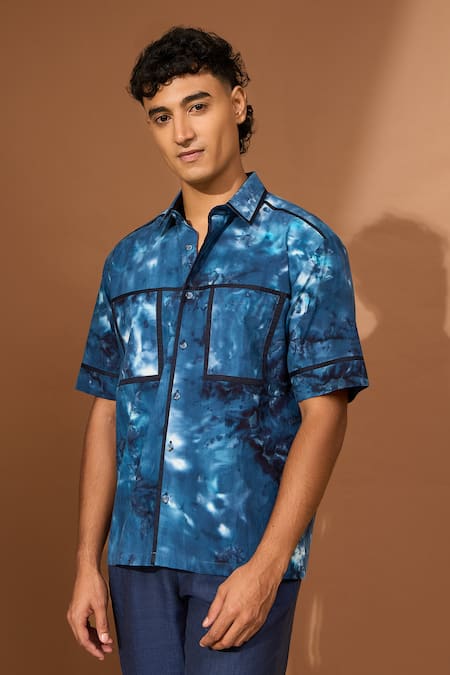 Vivek Karunakaran_Blue Poplin Tie-dye Pattern Shirt _Online_at_Aza_Fashions
