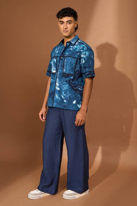 Shop_Vivek Karunakaran_Blue Poplin Tie-dye Pattern Shirt _Online_at_Aza_Fashions