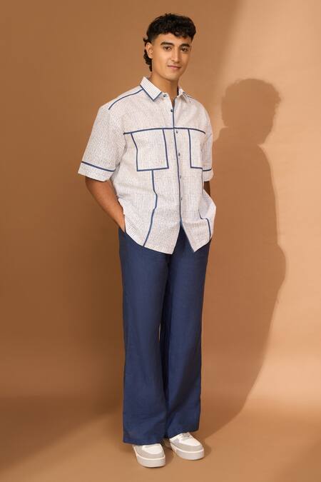 Buy_Vivek Karunakaran_White Linen Printed Smudge Shirt _Online_at_Aza_Fashions