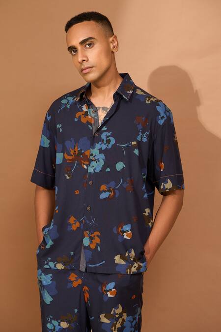 Buy Vivek Karunakaran Blue Cotton, Viscose Embroidery Floral Print Boxy Shirt With Pant Online at Aza Fashions Buy_Vivek Karunakaran_Blue Cotton, Viscose Embroidery Floral Print Boxy Shirt With Pant _Online_at_Aza_Fashions
