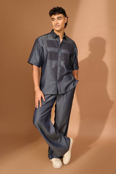 Vivek Karunakaran_Blue Cotton Embroidery Geometric Threadwork Shirt With Pant _Online_at_Aza_Fashions