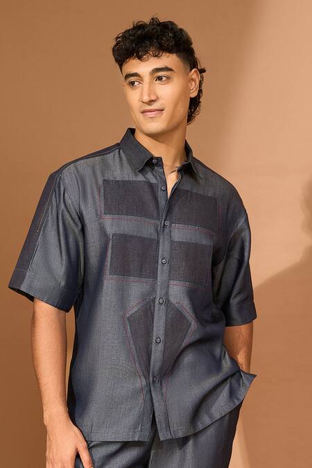 Buy_Vivek Karunakaran_Blue Cotton Embroidery Geometric Threadwork Shirt With Pant _Online_at_Aza_Fashions
