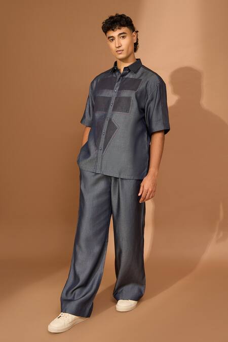 Shop_Vivek Karunakaran_Blue Cotton Embroidery Geometric Threadwork Shirt With Pant _Online_at_Aza_Fashions
