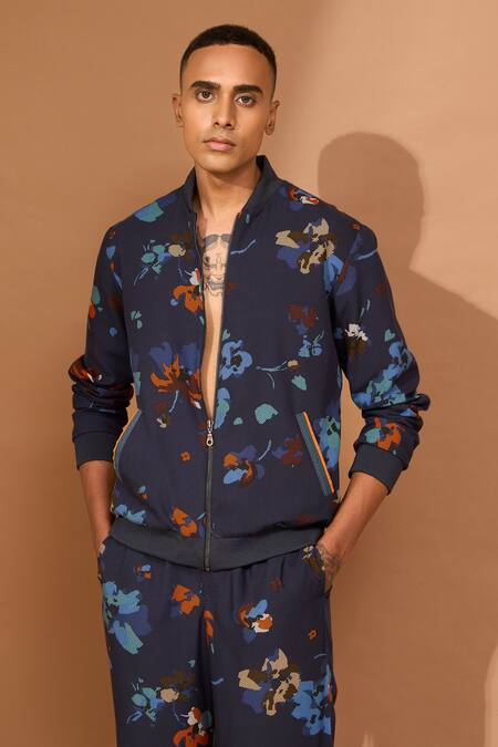 Vivek Karunakaran Blue Cotton, Viscose Embroidery Floral Print Bomber Jacket Online at Aza Fashions Vivek Karunakaran_Blue Cotton, Viscose Embroidery Floral Print Bomber Jacket _Online_at_Aza_Fashions