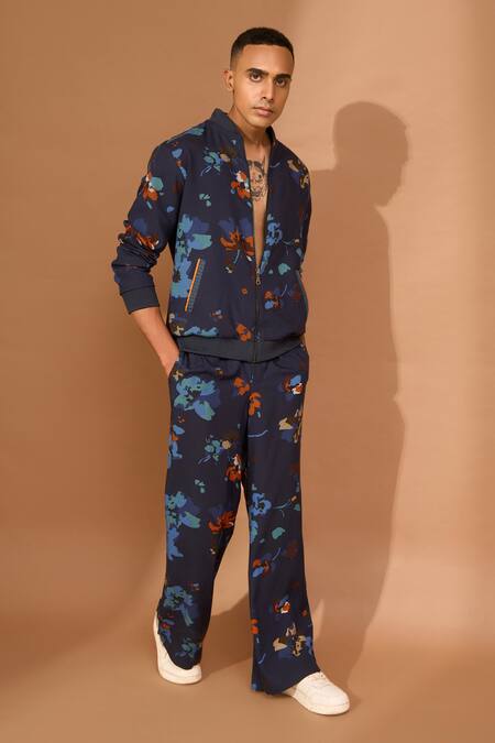 Buy Vivek Karunakaran Blue Cotton, Viscose Embroidery Floral Print Bomber Jacket Online at Aza Fashions Buy_Vivek Karunakaran_Blue Cotton, Viscose Embroidery Floral Print Bomber Jacket _Online_at_Aza_Fashions