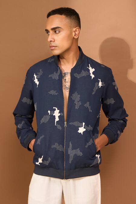 Vivek Karunakaran_Blue Linen Embroidery Cutwork Bomber Jacket _Online_at_Aza_Fashions