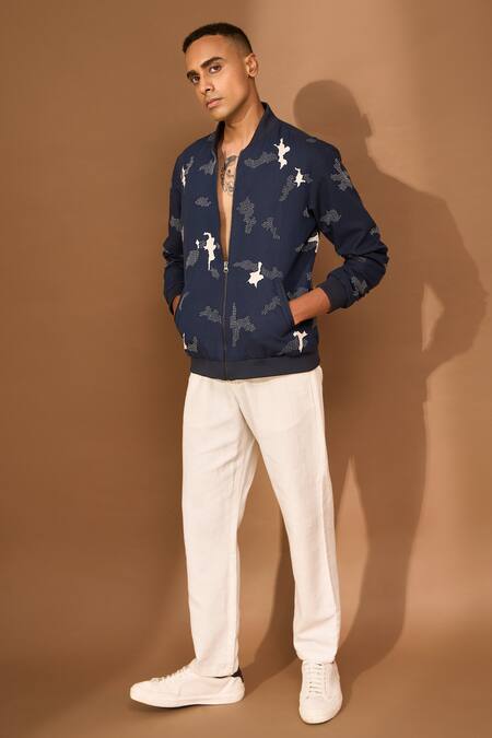 Buy_Vivek Karunakaran_Blue Linen Embroidery Cutwork Bomber Jacket _Online_at_Aza_Fashions