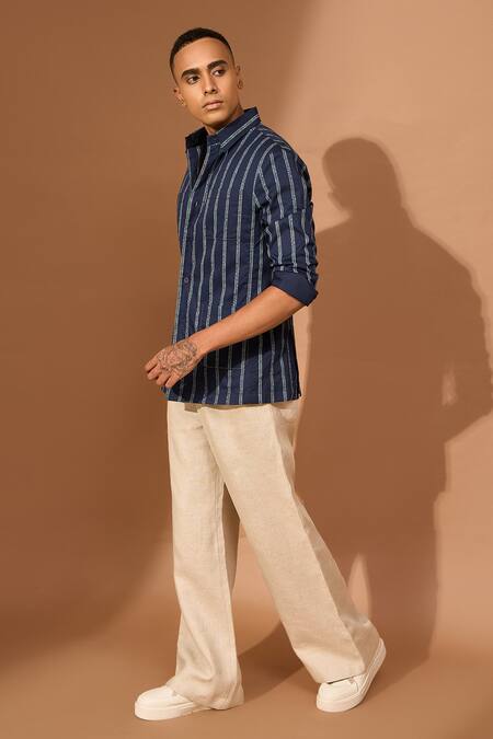 Shop_Vivek Karunakaran_Blue Poplin Embroidered Kantha Stripe Pattern Shaket _Online_at_Aza_Fashions