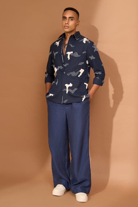 Vivek Karunakaran_Blue Linen Embroidery Cutwork Shaket _Online_at_Aza_Fashions