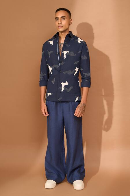 Buy_Vivek Karunakaran_Blue Linen Embroidery Cutwork Shaket _Online_at_Aza_Fashions