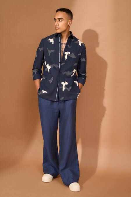 Vivek Karunakaran_Blue Linen Embroidery Cutwork Shaket _at_Aza_Fashions