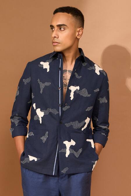 Buy_Vivek Karunakaran_Blue Linen Embroidery Cutwork Shaket 