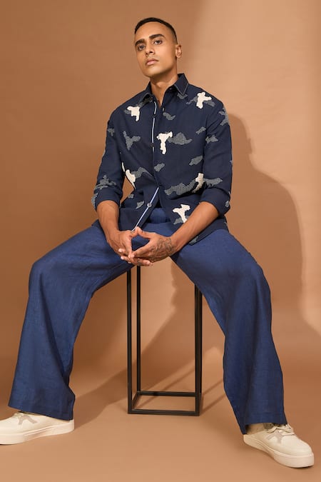 Shop_Vivek Karunakaran_Blue Linen Embroidery Cutwork Shaket 