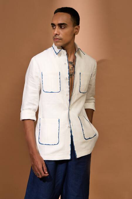 Vivek Karunakaran_White Linen Patch Pocket Shaket _Online_at_Aza_Fashions