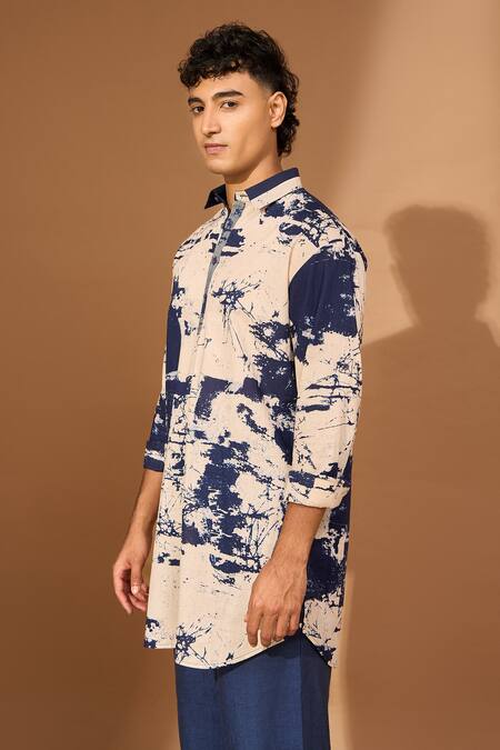 Vivek Karunakaran_Cream Voile Embroidery Crackle Print Pathan Kurta_Online_at_Aza_Fashions
