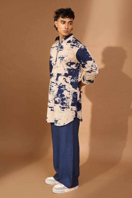 Buy_Vivek Karunakaran_Cream Voile Embroidery Crackle Print Pathan Kurta_Online_at_Aza_Fashions