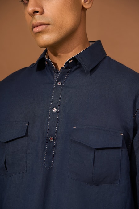 Vivek Karunakaran_Blue Linen Embroidery Handstitch Pathan Kurta _Online_at_Aza_Fashions