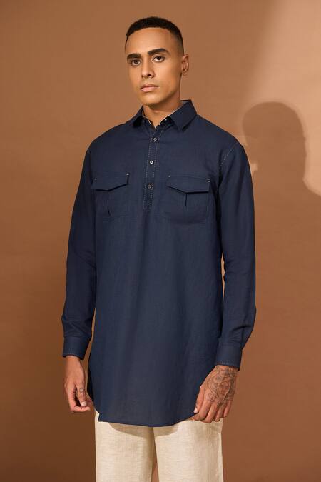 Buy_Vivek Karunakaran_Blue Linen Embroidery Handstitch Pathan Kurta _Online_at_Aza_Fashions