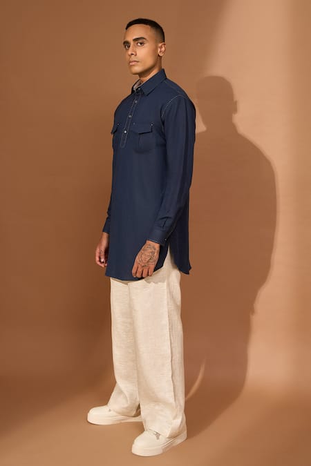 Shop_Vivek Karunakaran_Blue Linen Embroidery Handstitch Pathan Kurta _Online_at_Aza_Fashions