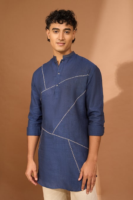 Vivek Karunakaran_Blue Linen Embroidery Bandhini Pathan Kurta _Online_at_Aza_Fashions