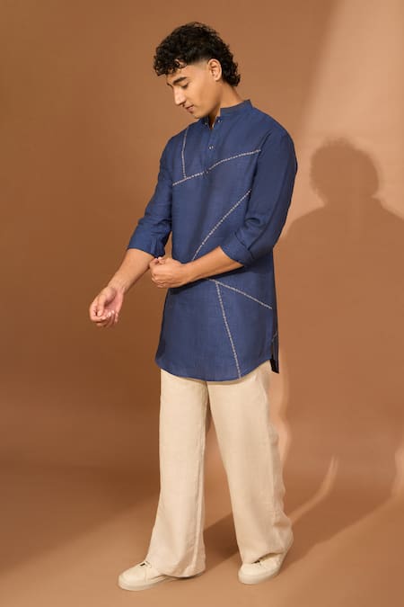 Buy_Vivek Karunakaran_Blue Linen Embroidery Bandhini Pathan Kurta _Online_at_Aza_Fashions