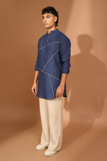 Shop_Vivek Karunakaran_Blue Linen Embroidery Bandhini Pathan Kurta _Online_at_Aza_Fashions