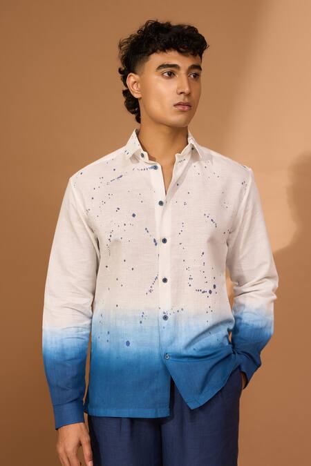 Vivek Karunakaran_White Cotton, Linen Ombre Splatter Pattern Shirt _Online_at_Aza_Fashions