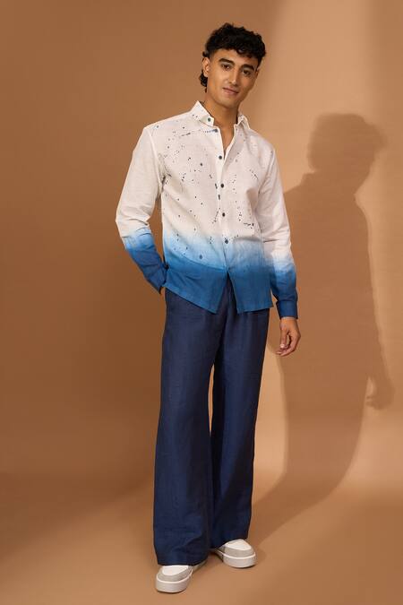Buy_Vivek Karunakaran_White Cotton, Linen Ombre Splatter Pattern Shirt _Online_at_Aza_Fashions