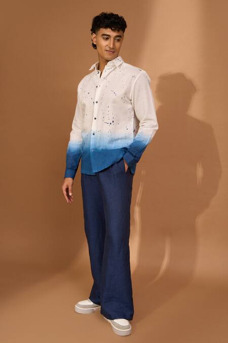 Shop_Vivek Karunakaran_White Cotton, Linen Ombre Splatter Pattern Shirt _Online_at_Aza_Fashions