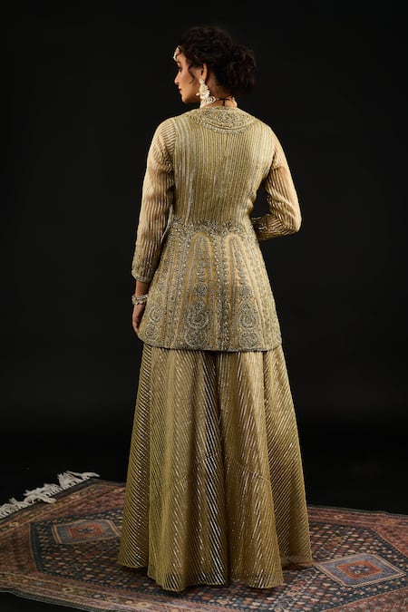 Shop Reeti Arneja Gold Organza, Georgette Embroidery, Gota Bahar Short Anarkali And Sharara Set at Aza Fashions Shop_Reeti Arneja_Gold Organza, Georgette Embroidery, Gota Bahar Short Anarkali And Sharara Set _at_Aza_Fashions