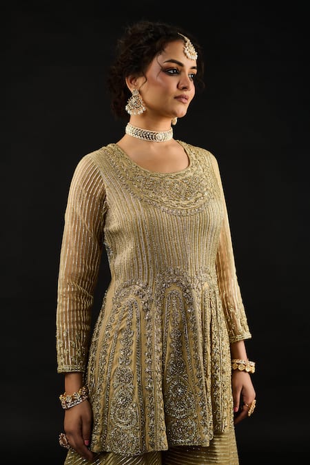 Reeti Arneja_Gold Organza, Georgette Embroidery, Gota Bahar Short Anarkali And Sharara Set _Online_at_Aza_Fashions