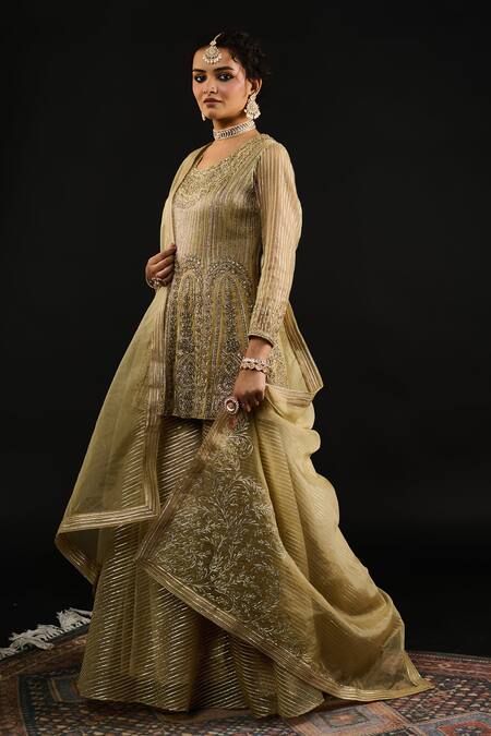 Shop Reeti Arneja Gold Organza, Georgette Embroidery, Gota Bahar Short Anarkali And Sharara Set Online at Aza Fashions Shop_Reeti Arneja_Gold Organza, Georgette Embroidery, Gota Bahar Short Anarkali And Sharara Set _Online_at_Aza_Fashions