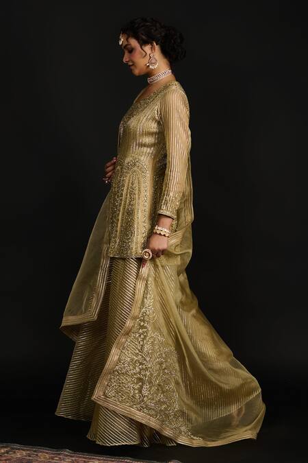 Reeti Arneja Gold Organza, Georgette Embroidery, Gota Bahar Short Anarkali And Sharara Set at Aza Fashions Reeti Arneja_Gold Organza, Georgette Embroidery, Gota Bahar Short Anarkali And Sharara Set _at_Aza_Fashions