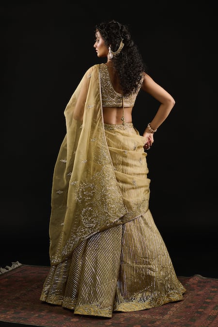 Reeti Arneja_Gold Organza, Georgette Gota Al Mallika Stripe Embellished Bridal Lehenga Set _Online_at_Aza_Fashions