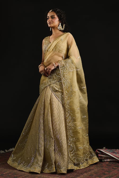 Buy_Reeti Arneja_Gold Organza, Georgette Gota Al Mallika Stripe Embellished Bridal Lehenga Set _Online_at_Aza_Fashions