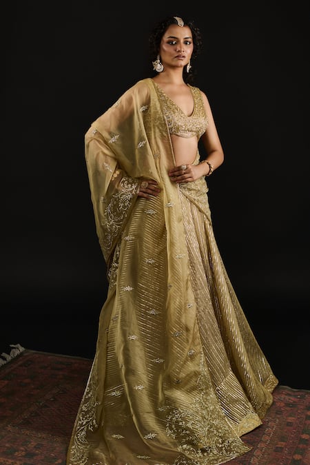 Shop_Reeti Arneja_Gold Organza, Georgette Gota Al Mallika Stripe Embellished Bridal Lehenga Set _Online_at_Aza_Fashions