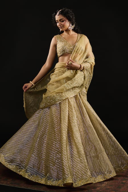 Buy_Reeti Arneja_Gold Organza, Georgette Gota Al Mallika Stripe Embellished Bridal Lehenga Set 