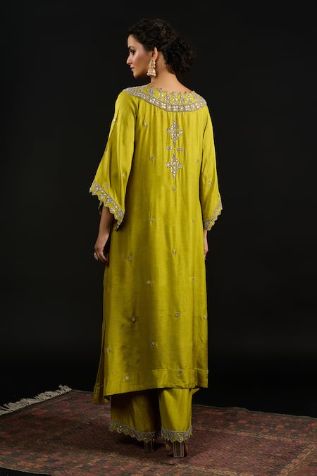 Shop_Reeti Arneja_Green Silk Mirrors, Sequins, Beads, Metallic Blossom Kurta With Palazzo Pant _at_Aza_Fashions