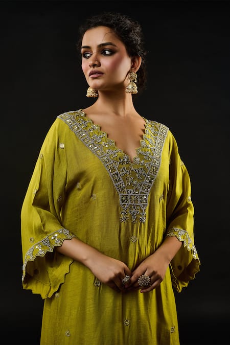 Buy_Reeti Arneja_Green Silk Mirrors, Sequins, Beads, Metallic Blossom Kurta With Palazzo Pant _Online_at_Aza_Fashions