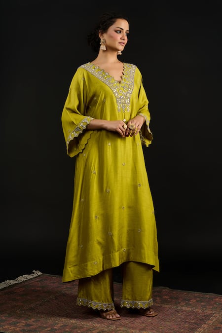 Shop_Reeti Arneja_Green Silk Mirrors, Sequins, Beads, Metallic Blossom Kurta With Palazzo Pant _Online_at_Aza_Fashions