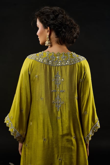 Reeti Arneja_Green Silk Mirrors, Sequins, Beads, Metallic Blossom Kurta With Palazzo Pant _at_Aza_Fashions