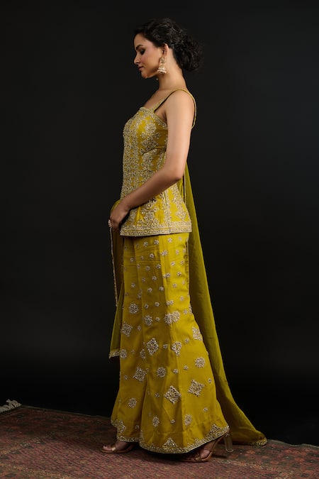 Shop Reeti Arneja Green Organza, Georgette Embroidery, Laila Bloom Jaal Kurti And Sharara Pant Set Online at Aza Fashions Shop_Reeti Arneja_Green Organza, Georgette Embroidery, Laila Bloom Jaal Kurti And Sharara Pant Set _Online_at_Aza_Fashions