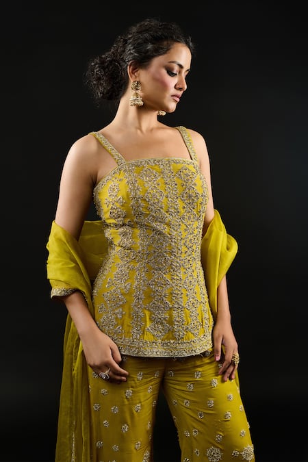 Buy Reeti Arneja Green Organza, Georgette Embroidery, Laila Bloom Jaal Kurti And Sharara Pant Set Buy_Reeti Arneja_Green Organza, Georgette Embroidery, Laila Bloom Jaal Kurti And Sharara Pant Set