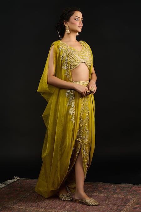 Buy_Reeti Arneja_Green Organza, Georgette Diamonds, Phool Vine Embroidered Cape And Dhoti Skirt Set _Online_at_Aza_Fashions