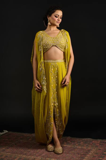 Shop_Reeti Arneja_Green Organza, Georgette Diamonds, Phool Vine Embroidered Cape And Dhoti Skirt Set _Online_at_Aza_Fashions