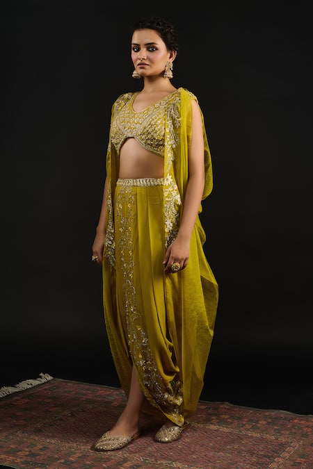 Reeti Arneja Green Organza, Georgette Diamonds, Phool Vine Embroidered Cape And Dhoti Skirt Set at Aza Fashions Reeti Arneja_Green Organza, Georgette Diamonds, Phool Vine Embroidered Cape And Dhoti Skirt Set _at_Aza_Fashions
